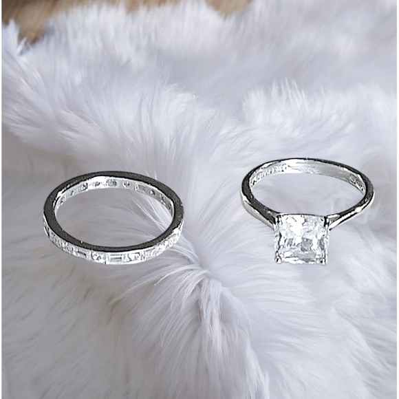 Sterling Silver Engagement Ring Set with Brilliant Square Cut/Baguette CZ Stones - Picture 3 of 11